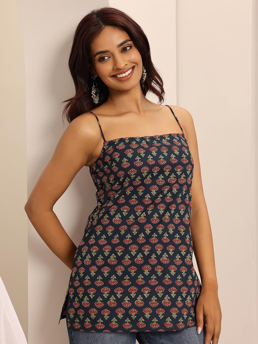 Libas Women's Cotton Printed Straight Kurti in Navy Blue